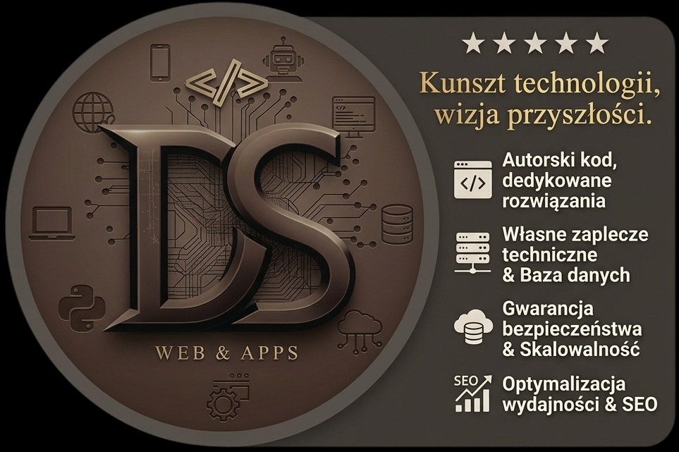 Grafika w odcieniach brązu z logo 'DS Web & Apps', ikonami programistycznymi i hasłem 'Kunszt technologii, wizja przyszłości'. Akcent na autorski kod i optymalizację SEO.