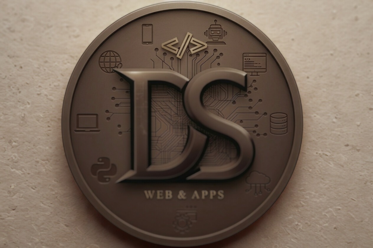 Metalowa moneta z logo 'DS Web & Apps', otoczona ikonami: telefon, robot, kod, monitor, glob, laptop, Python, baza danych, chmura. Grafika w odcieniach szarości, na teksturowanym tle.