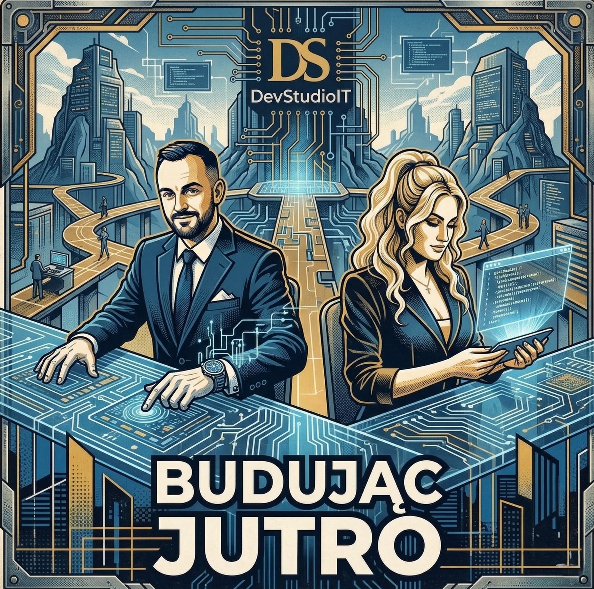 Grafika z motywem IT: mężczyzna i kobieta pracują nad interfejsem, w tle futurystyczny krajobraz miejski z elementami obwodów drukowanych. Hasło: Budując jutro.