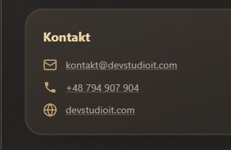 Brązowy panel kontaktowy z ikonami: e-mail (kontakt@devstudioit.com), telefon (+48 794 907 904) i strona www (devstudioit.com). Napis 'Kontakt' u góry.