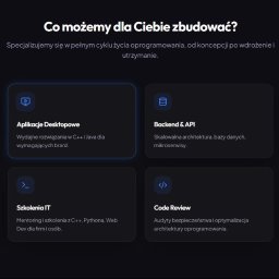 Piotr Montewka CodeMaster - Oferta usług IT: aplikacje webowe i desktopowe, backend, AI agents, konfiguratory, szkolenia, code review, DevOps. Ciemne tło, minimalistyczny design.