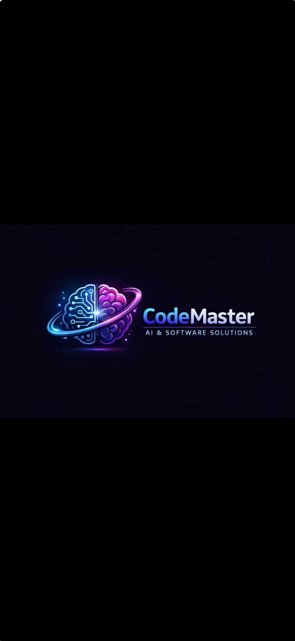 Logo firmy CodeMaster: pół mózgu z obwodami, pół z neuronami, otoczone orbitą. Napis 'CodeMaster AI & SOFTWARE SOLUTIONS' w gradientowych kolorach.