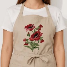 Waszehafty.pl Anna Stasiw - Beżowy fartuch z ręcznie wykonanym, czerwonym motywem kwiatowym, zawiązany w pasie, na osobie w białej koszulce. Widok z bliska, centralne ujęcie.