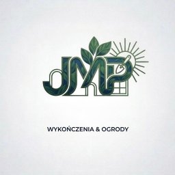 JMP Rzeszów - Logo firmy z Rzeszowa oferującej wykończenia i usługi ogrodnicze. Grafika łączy litery, liście, okno, słońce i łopatkę.