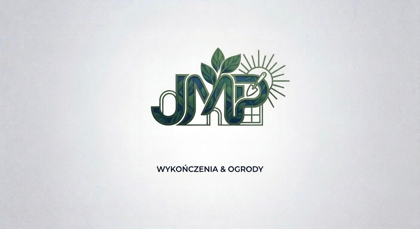 Logo firmy z Rzeszowa oferującej wykończenia i usługi ogrodnicze. Grafika łączy litery, liście, okno, słońce i łopatkę.