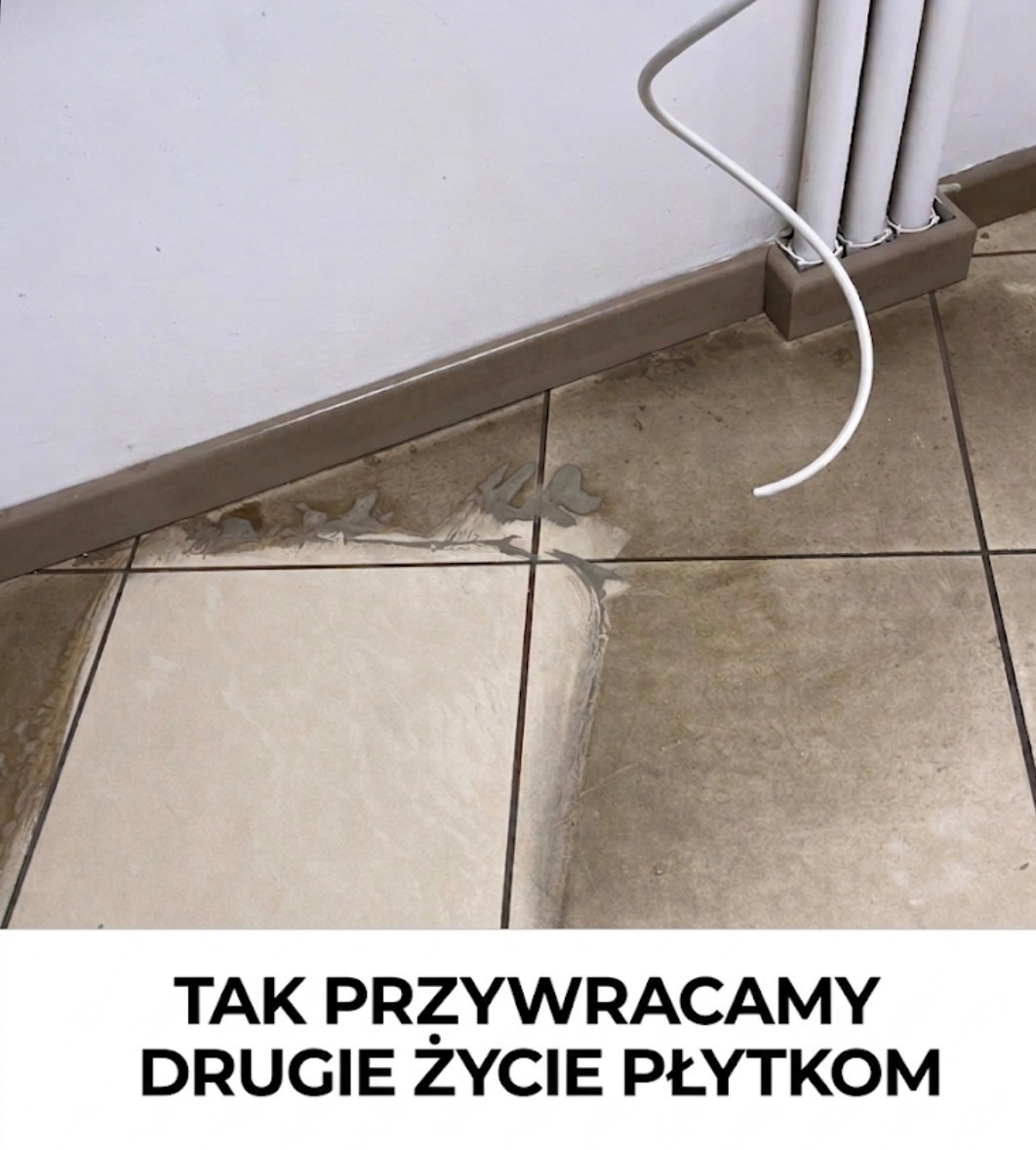 Czyszczenie fug i płytek podłogowych w rogu pomieszczenia, widoczne zabrudzenia i świeżo wyczyszczona powierzchnia. Białe rury przy ścianie.