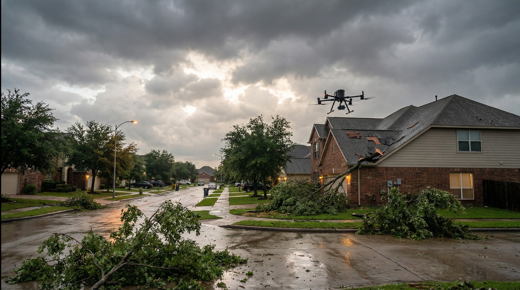 Inspekcja dachów, elewacji dronem po burzach i anomaliach pogodowych.