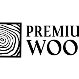 Premium Wood - Czarno-białe logo 'Premium Wood' z abstrakcyjnym rysunkiem przekroju drewna w kwadratowej ramce, na białym tle. Minimalistyczny design.
