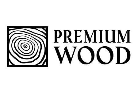 Czarno-białe logo 'Premium Wood' z abstrakcyjnym rysunkiem przekroju drewna w kwadratowej ramce, na białym tle. Minimalistyczny design.
