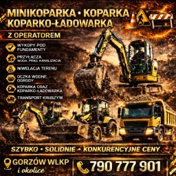 PROKOP I SYN - MICHAŁ PROKOP - Grafika reklamowa: minikoparka, koparka i koparko-ładowarka z operatorem. Usługi: wykopy pod fundamenty, niwelacja terenu, przyłącza, oczka wodne, transport kruszyw. Gorzów Wlkp.