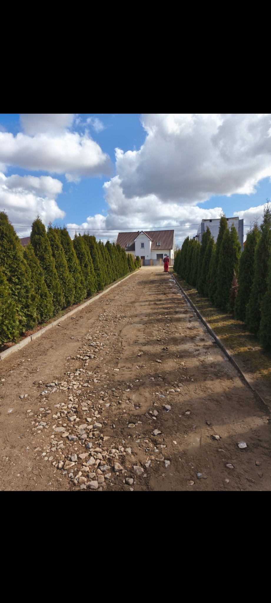 Droga gruntowa z kamieniami, obrzeża betonowe, szpaler tuj po bokach, dom w tle, błękitne niebo z chmurami. Etap przygotowania podłoża pod nawierzchnię.