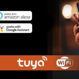 Anna Horwacik - Prezentacja inteligentnej żarówki LED EDO RUVA SMART z aplikacją mobilną Tuya, współpracującej z Amazon Alexa i Google Assistant. Opakowanie produktu i dłoń trzymająca smartfon.