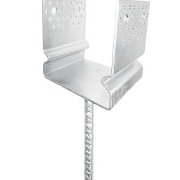 Anna Horwacik - Metalowa kotwa słupa z prętem gwintowanym, widok z przodu na białym tle. Element konstrukcyjny z otworami montażowymi.