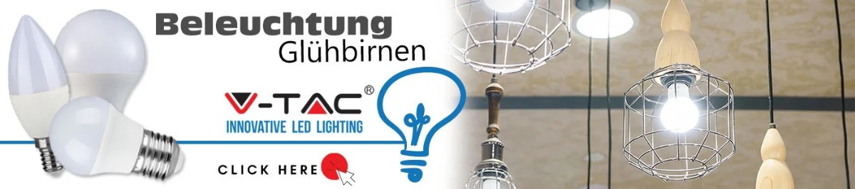 Reklama LED: żarówki V-TAC, lampy wiszące w klatkach, napis 'Beleuchtung Glühbirnen', wezwanie do działania 'Click Here' z kursorem.