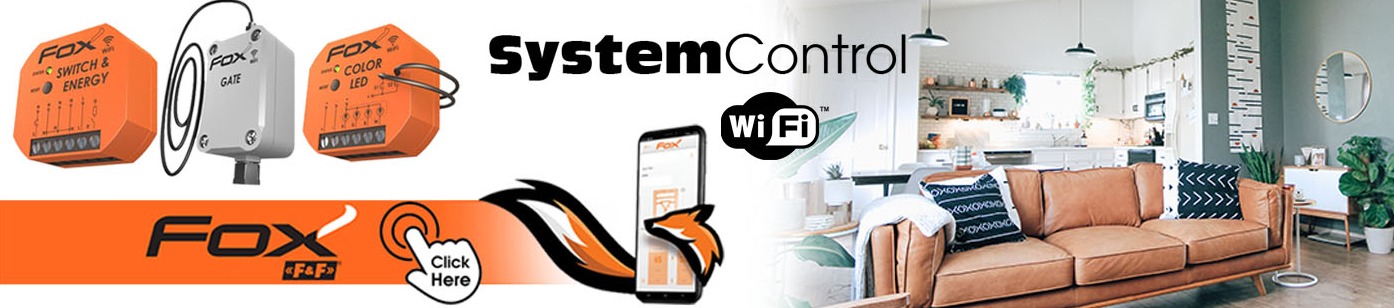 Grafika prezentuje system inteligentnego domu Fox System Control z modułami Switch&Energy, Gate, Color LED oraz aplikacją mobilną, na tle wnętrza salonu.