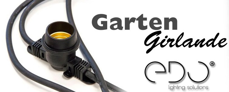 Czarna girlanda ogrodowa z żarówką E27, widoczna z bliska na białym tle. Napis 'Garten Girlande' i logo producenta oświetlenia.