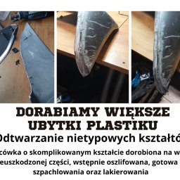 Lamintech - Naprawa elementu z tworzywa sztucznego: uszkodzony element przed naprawą, w trakcie szlifowania i po wstępnej obróbce, gotowy do szpachlowania i lakierowania.