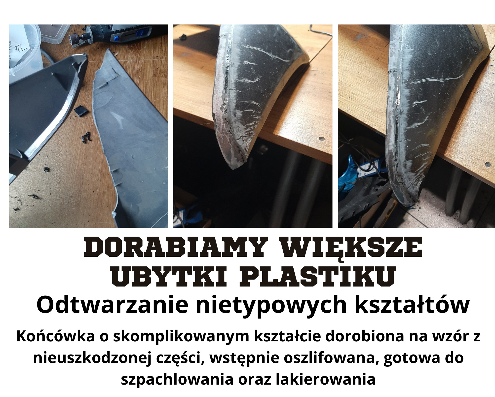 Naprawa elementu z tworzywa sztucznego: uszkodzony element przed naprawą, w trakcie szlifowania i po wstępnej obróbce, gotowy do szpachlowania i lakierowania.