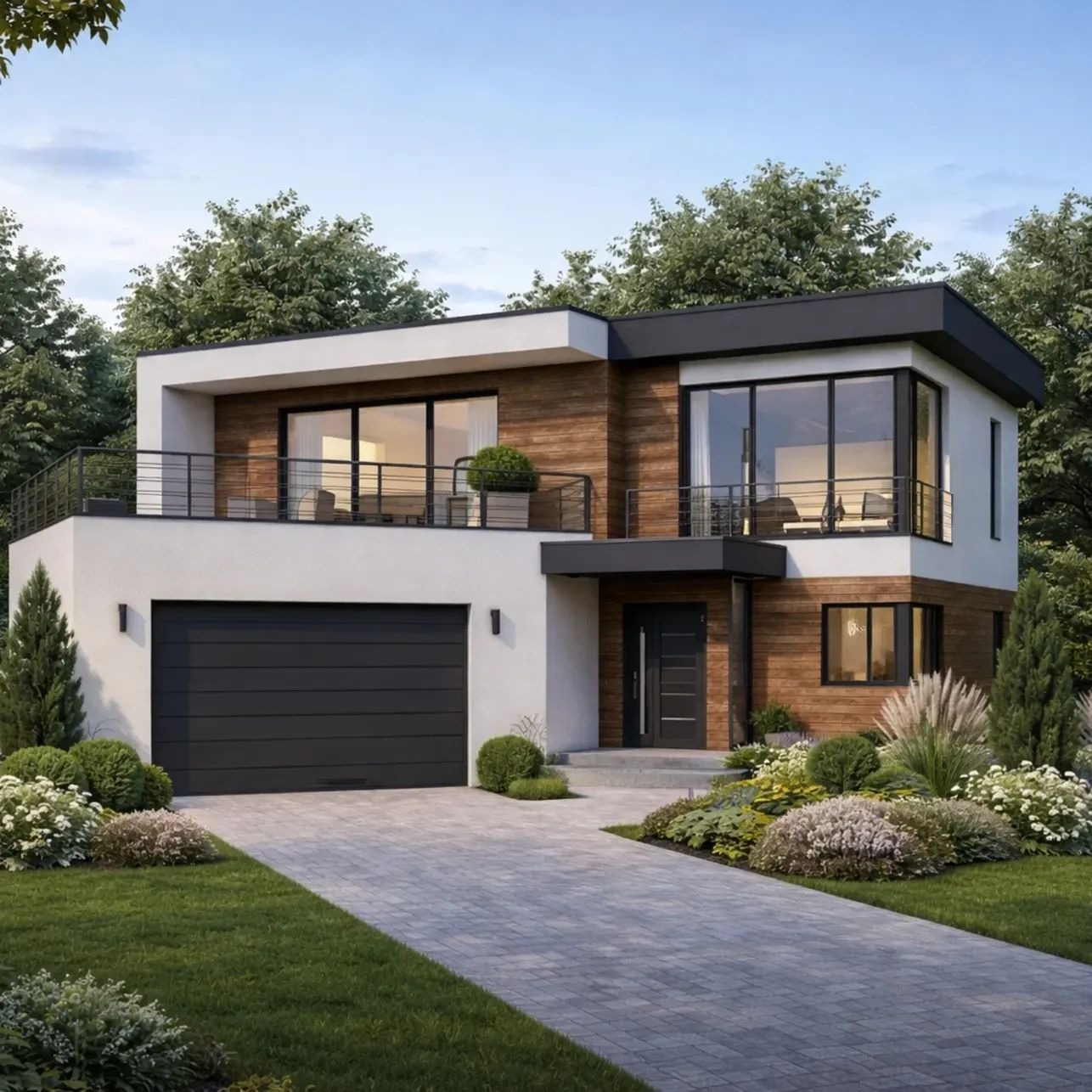 Nowoczesny dom z garażem i balkonem, wykończony drewnem i białym tynkiem. Minimalistyczna bryła, duże okna, zadbany ogród. Elewacja w stylu współczesnym.