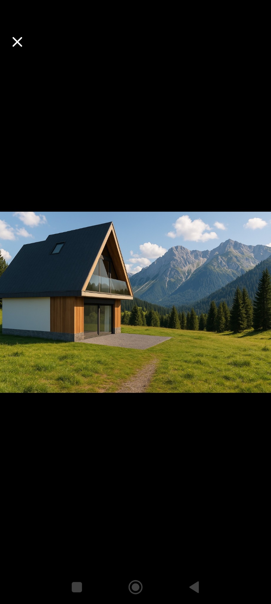 Nowoczesny dom z drewnianą elewacją i szklaną balustradą balkonu, na tle górskiego krajobrazu. Minimalistyczny design w harmonii z naturą. Ścieżka prowadzi do wejścia.