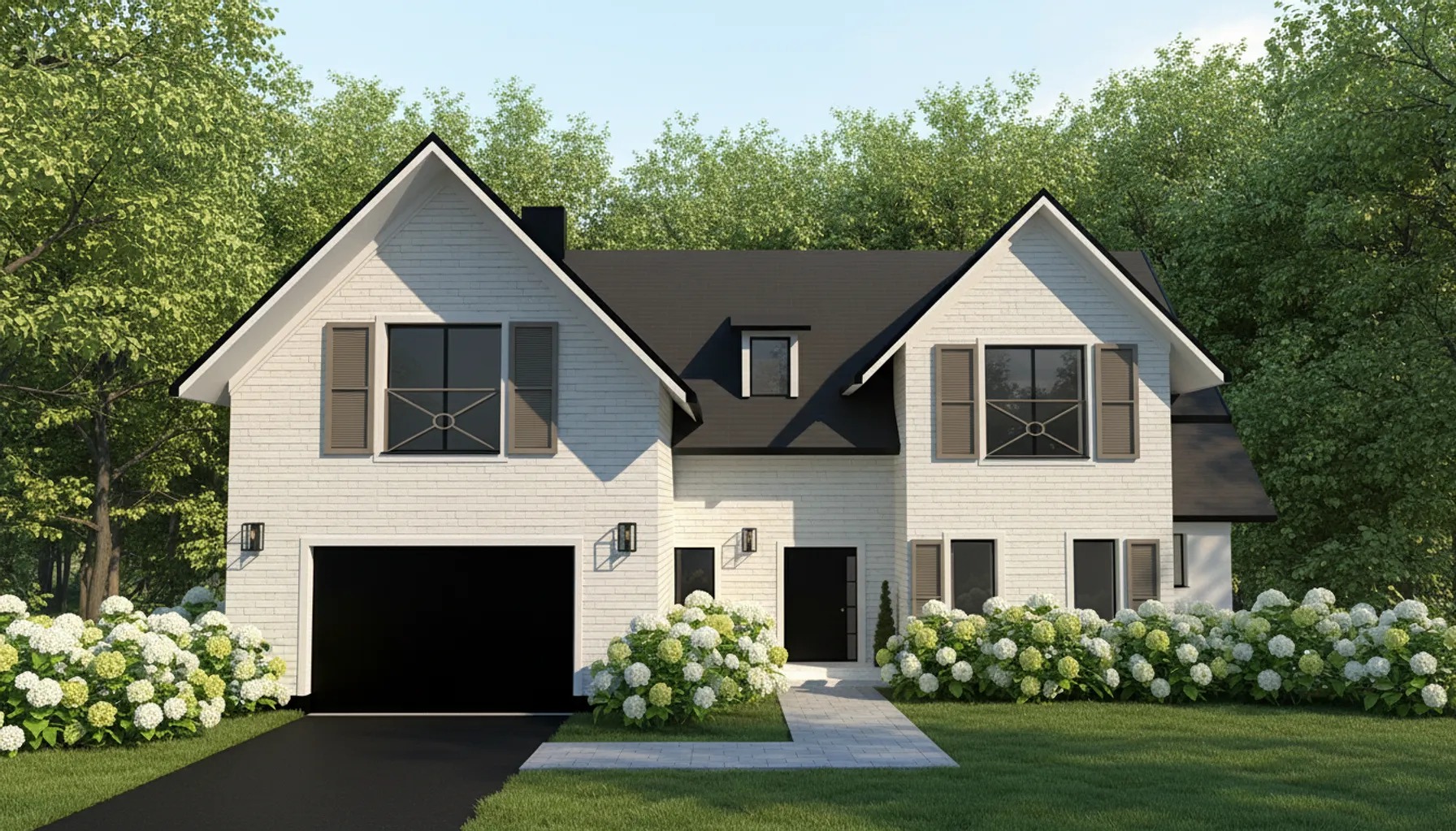 Wizualizacja domu jednorodzinnego z białej cegły z czarnym dachem i garażem, otoczonego zielenią i hortensjami. Okna z szprosami i okiennicami w kolorze taupe.