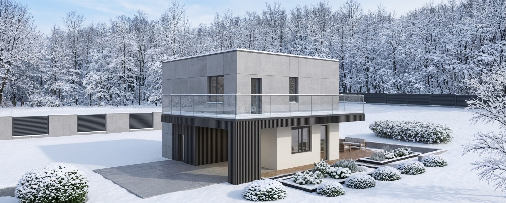Nowoczesny dom z płaskim dachem w zimowej scenerii. Betonowa elewacja, szklana balustrada balkonu, minimalistyczny ogród pokryty śniegiem. Ujęcie z zewnątrz, w dzień.