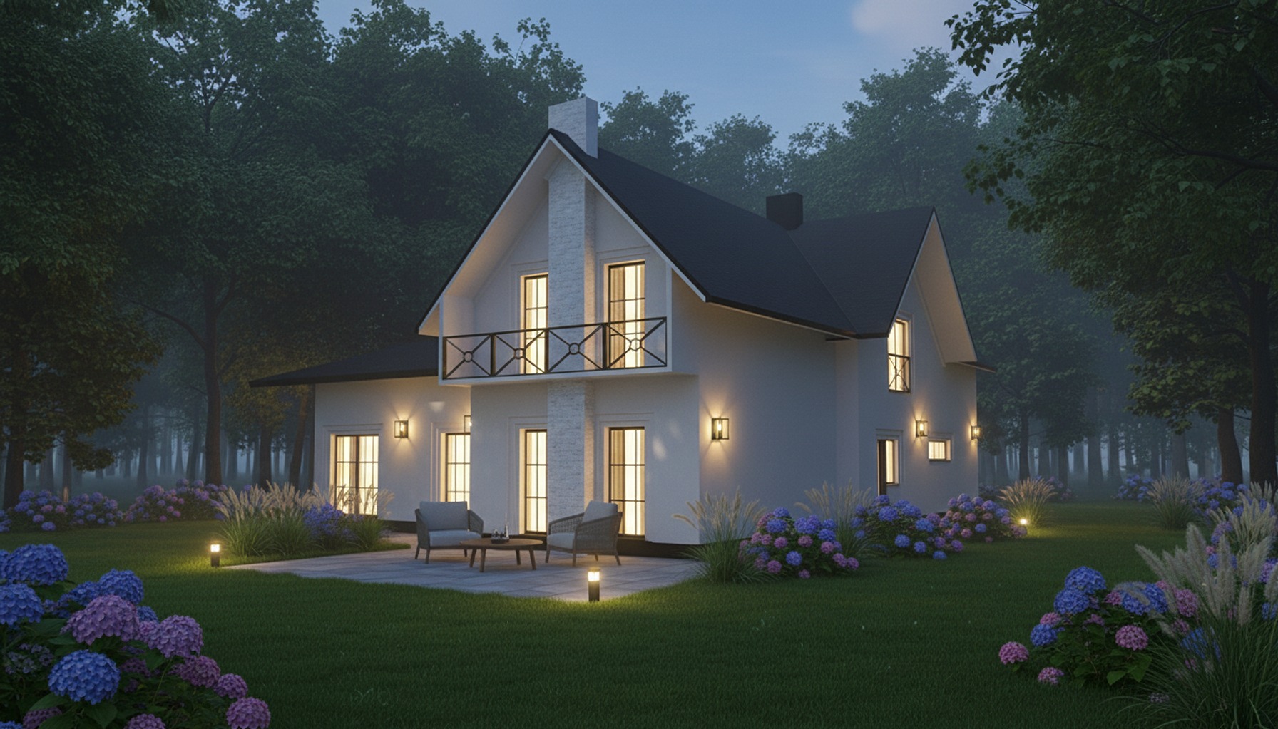 Wizualizacja domu z balkonem i oświetlonym ogrodem, otoczonego drzewami w wieczornej scenerii. Nowoczesna architektura z elementami klasycznymi.