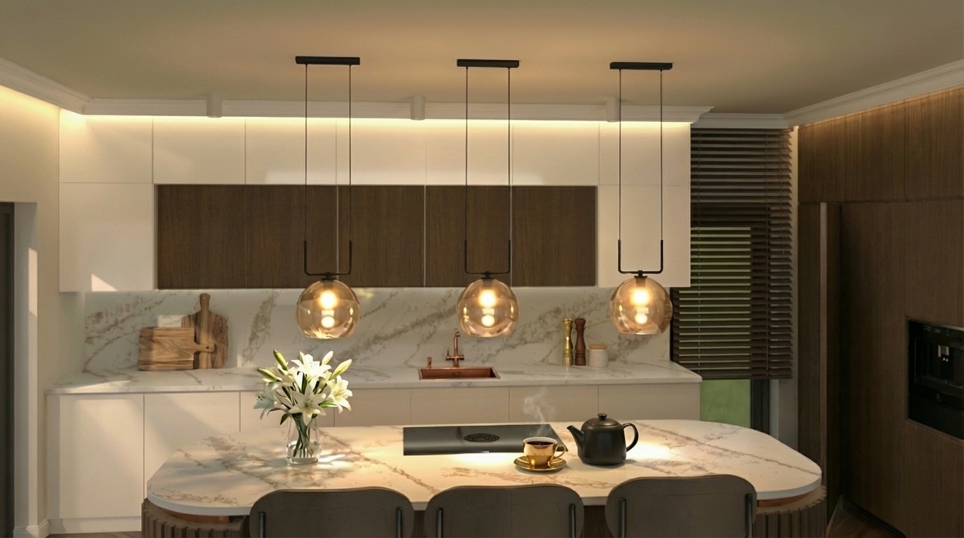 Nowoczesna kuchnia z wyspą, marmurowym blatem i trzema wiszącymi lampami z bursztynowymi kloszami. Białe fronty szafek i drewniane akcenty tworzą ciepłą atmosferę.