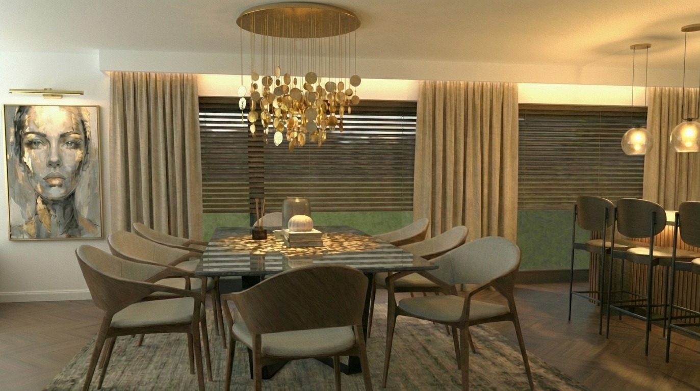 Elegancka jadalnia z marmurowym stołem, krzesłami z jasną tapicerką i złotym żyrandolem. Na ścianie obraz kobiety. Stonowana kolorystyka, ciepłe oświetlenie.