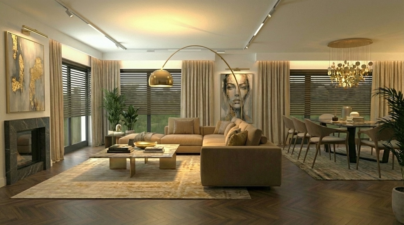 Eleganckie wnętrze salonu z narożną sofą, marmurowym kominkiem i złotymi akcentami: lampa łukowa, żyrandol i dekoracje. Parkiet w jodełkę, stonowana kolorystyka.