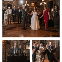 TOMCZAK FOTO BARTOSZ TOMCZAK - Występujący konferansjer z mikrofonem i para młoda na parkiecie, goście weselni w tle, DJ za konsoletą z napisem 'Let's dance!'.