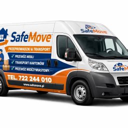 SafeMove - Biały bus z logo SafeMove, oferujący przeprowadzki i transport mebli, kartonów, także między miastami. Na boku grafika z pracownikami niosącymi kartony.