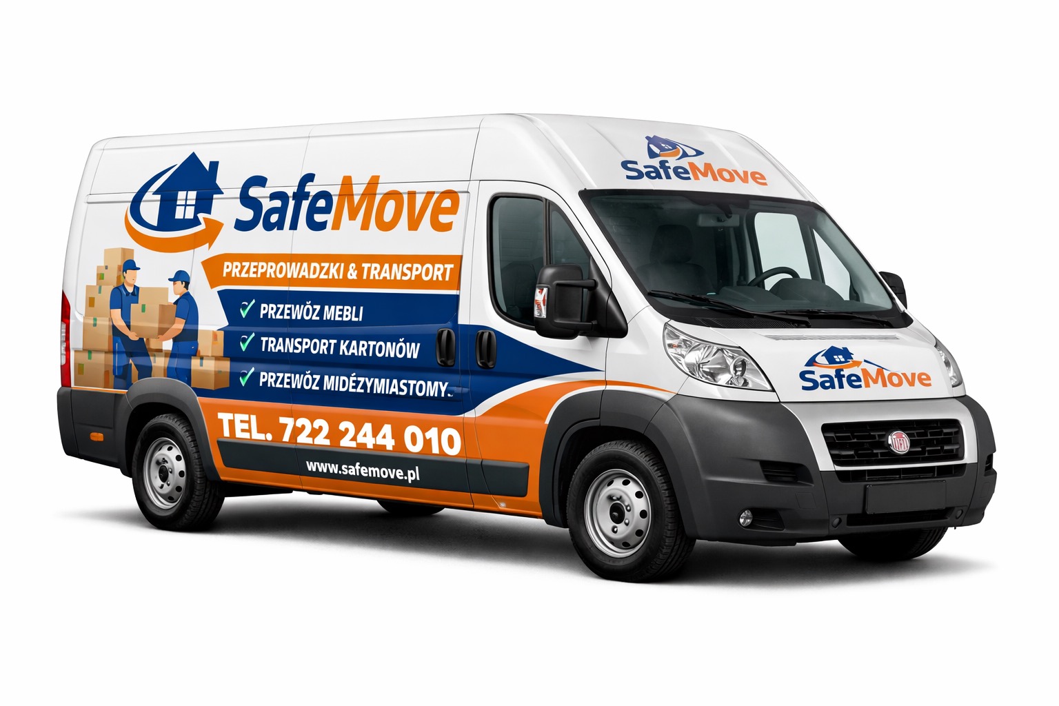 Biały bus z logo SafeMove, oferujący przeprowadzki i transport mebli, kartonów, także między miastami. Na boku grafika z pracownikami niosącymi kartony.