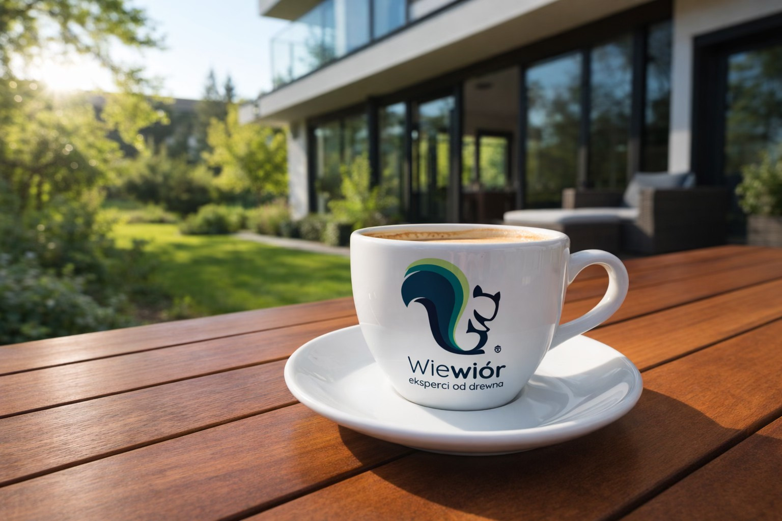 Filiżanka kawy z logo firmy na drewnianym tarasie, w tle zieleń ogrodu i nowoczesny dom. Słoneczny poranek, ciepłe światło.