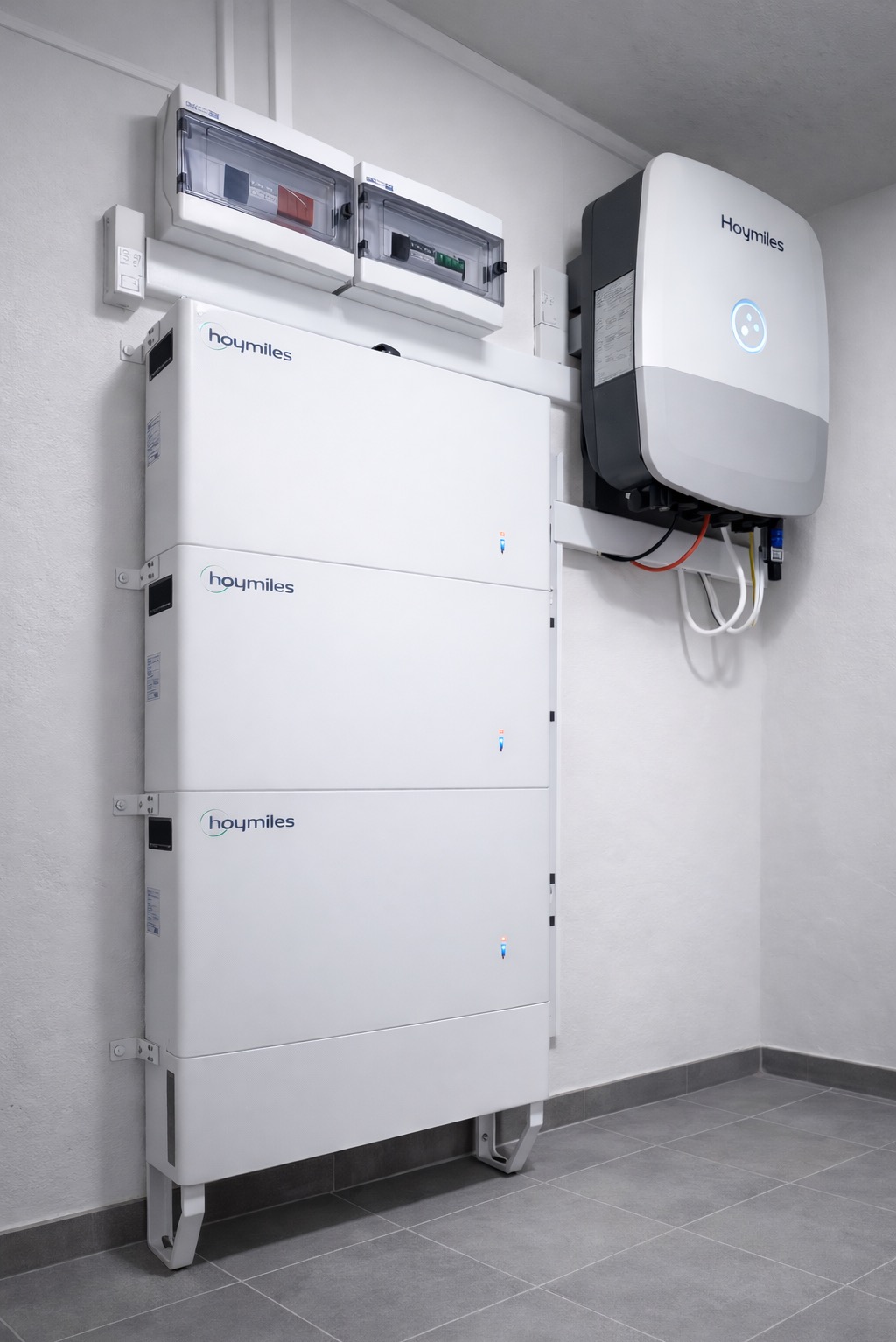 Biały, modułowy magazyn energii Hoymiles zamontowany na ścianie, z widoczną skrzynką elektryczną i inwerterem. Minimalistyczne wnętrze z szarą podłogą.