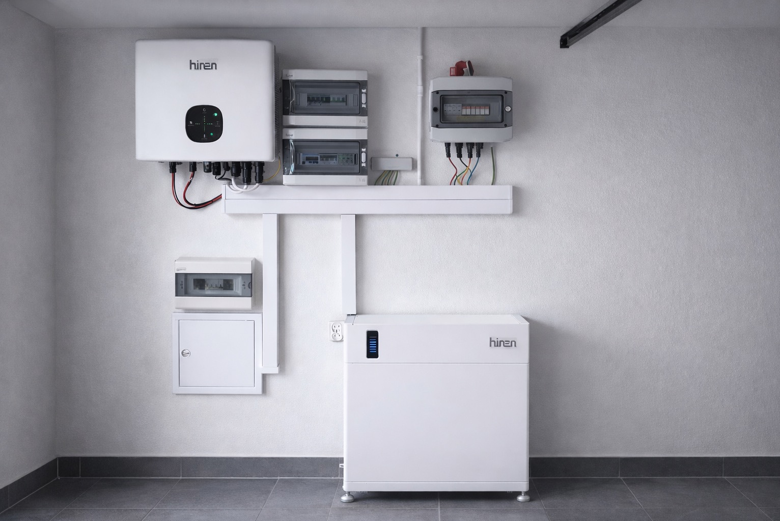 Biały magazyn energii Hiren z podłączonym inwerterem i rozdzielnicami na ścianie w pomieszczeniu. Widoczne kable i przewody. Minimalistyczny design.
