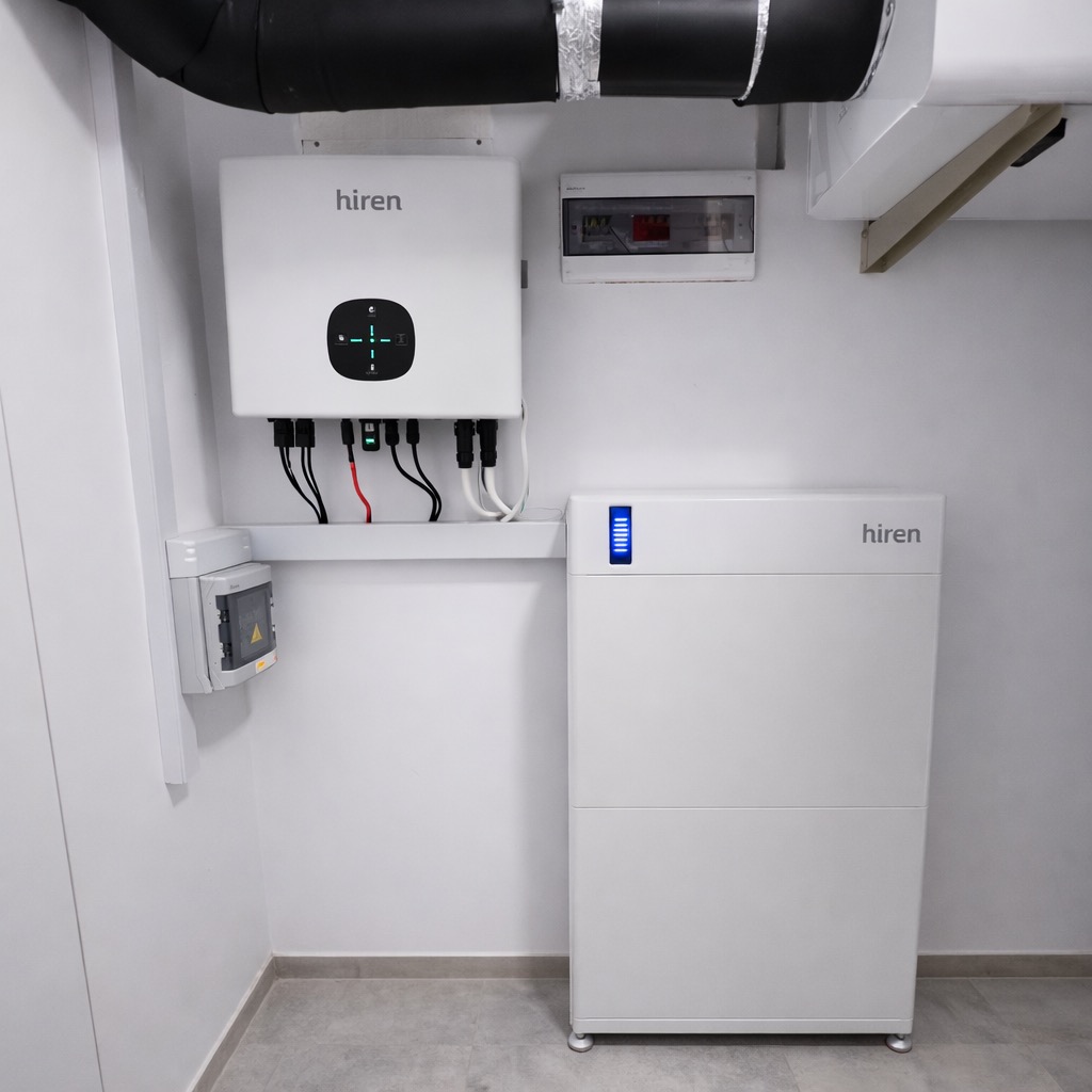 Biały magazyn energii Hiren z inwerterem na ścianie w pomieszczeniu. Widoczne przewody, rury wentylacyjne i szara podłoga. Minimalistyczny design.