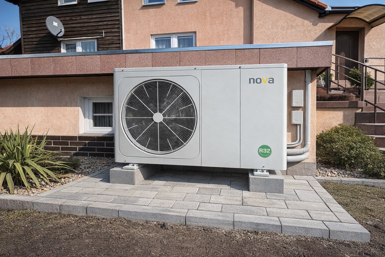 Biała pompa ciepła Nova R32 zamontowana na szarym bruku przed budynkiem z brązową elewacją. Widoczne okno piwniczne i schody wejściowe.