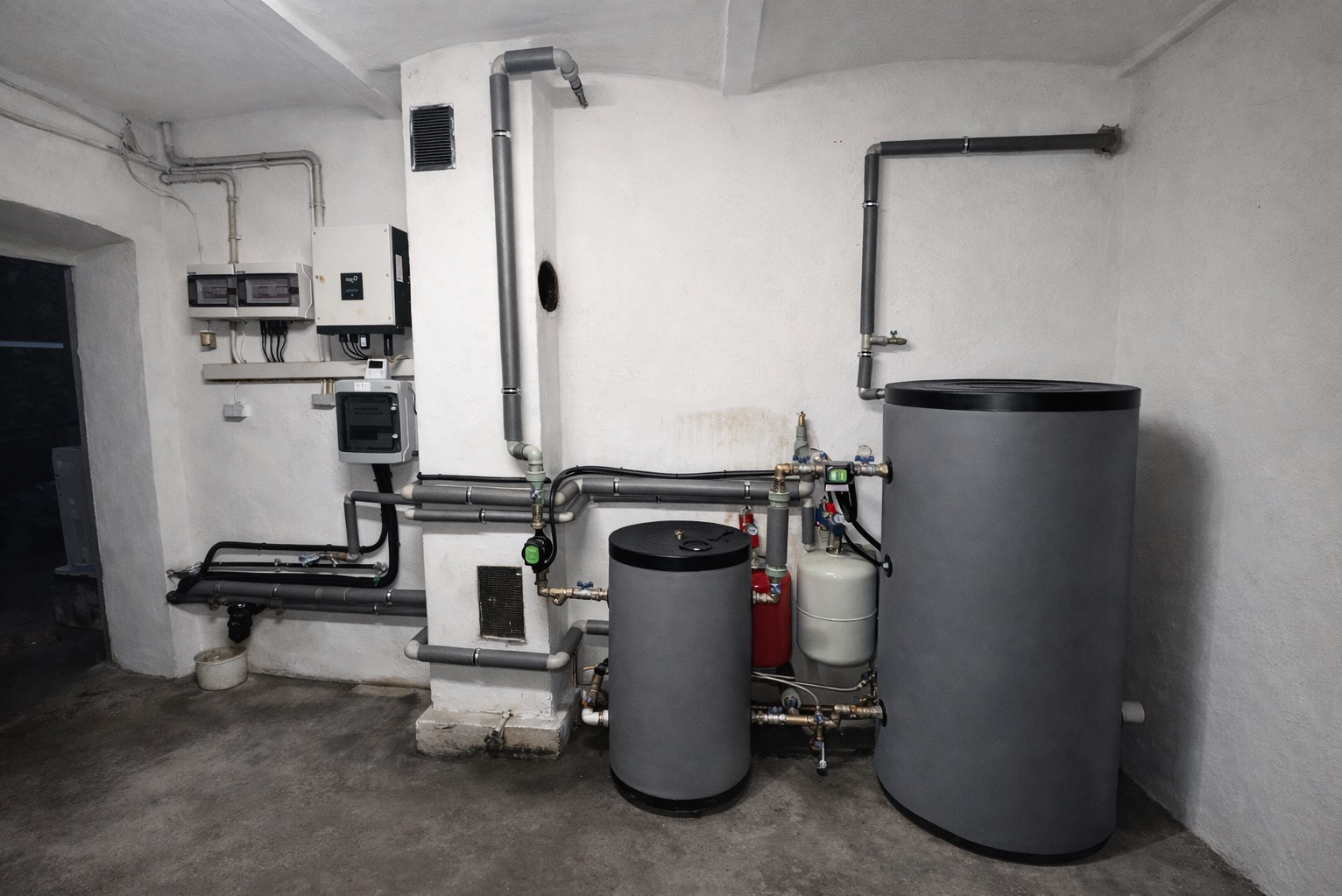 Instalacja grzewcza w piwnicy z dwoma zbiornikami akumulacyjnymi i rurami w izolacji, Gdynia. Widoczne panele sterowania na ścianie i elementy instalacji.