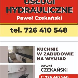 Usługi hydrauliczne Paweł Czekański - Czerwono-żółty baner reklamowy z białym, pogrubionym napisem 'USŁUGI HYDRAULICZNE Paweł Czekański' oraz numerem telefonu 726 410 548.