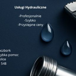Usługi hydrauliczne Paweł Czekański - Metalowy klucz hydrauliczny, dwie niebieskie krople wody i zielony znacznik na ciemnym tle, promujące usługi hydrauliczne 'Profesjonalnie, Szybko, Przystępne ceny' w Kluczborku.