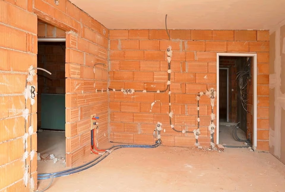 Surowy stan wnętrza z ceglanymi ścianami, widoczne instalacje elektryczne i hydrauliczne przed wykończeniem. Dwa otwory drzwiowe w tle.