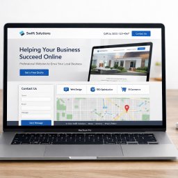 Neuropathic System Damian Kamiński - Laptop MacBook Pro prezentuje stronę internetową 'Swift Solutions' z formularzem kontaktowym, mapą i hasłem 'Helping Your Business Succeed Online'. Obok roślina i kawa.