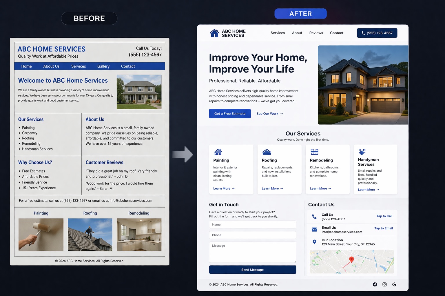 Strona internetowa firmy remontowej 'ABC Home Services' w wersji 'przed' i 'po' liftingu. Nowoczesny design, czytelna nawigacja, estetyczne zdjęcia realizacji.