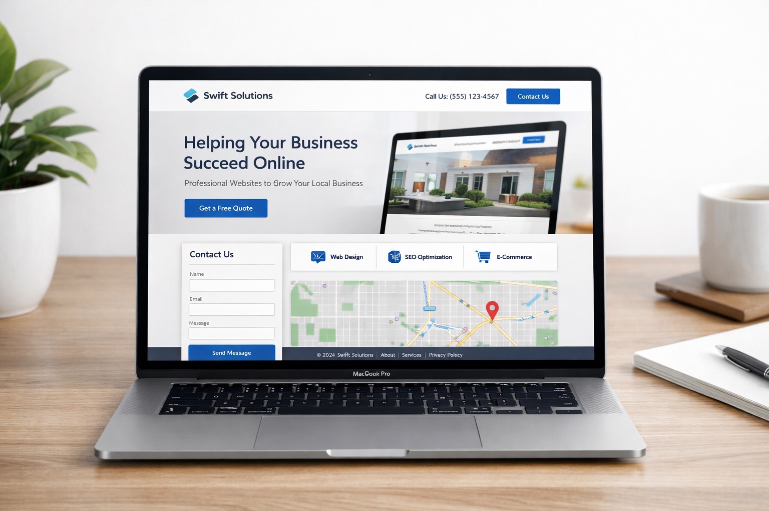 Laptop MacBook Pro prezentuje stronę internetową 'Swift Solutions' z formularzem kontaktowym, mapą i hasłem 'Helping Your Business Succeed Online'. Obok roślina i kawa.
