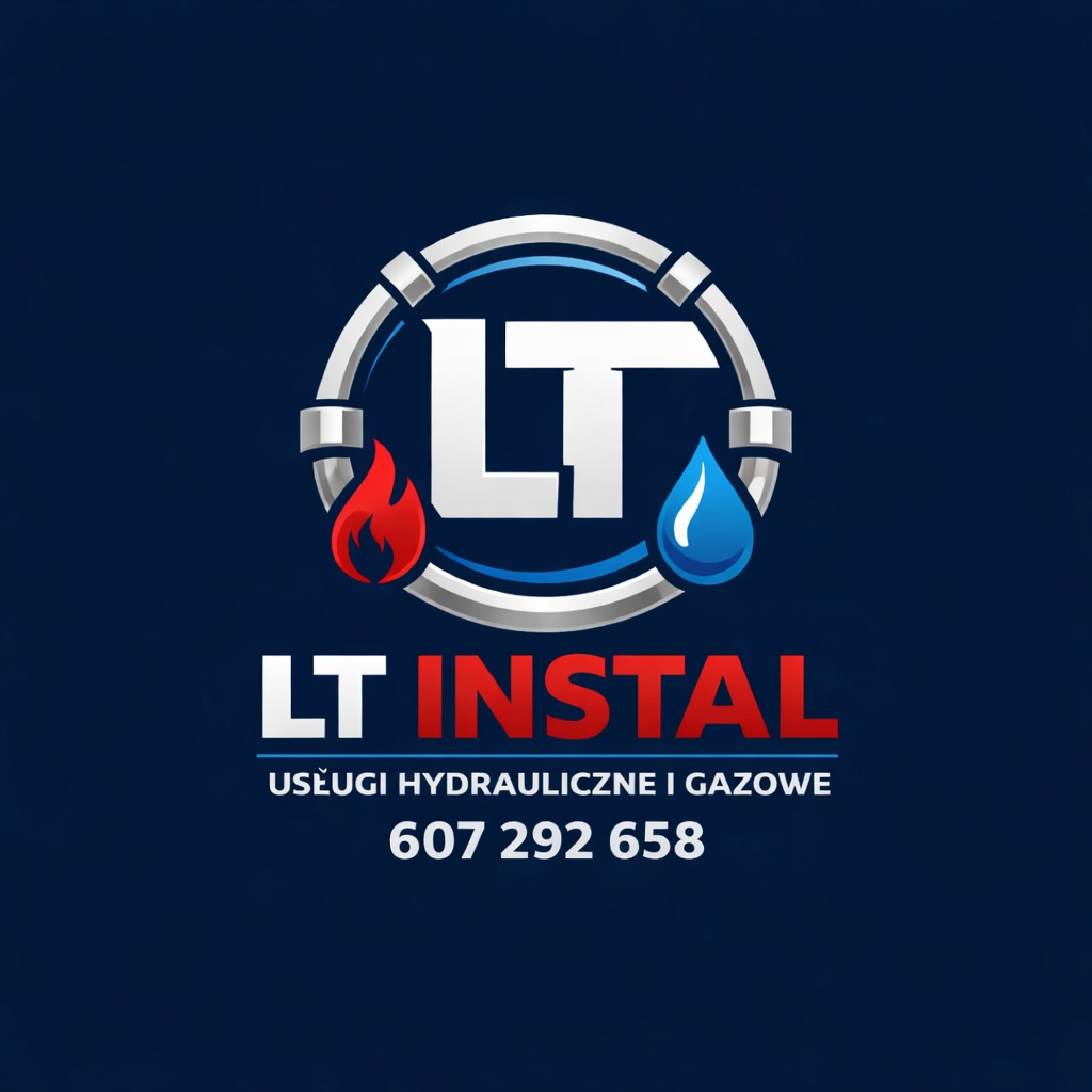 Logo firmy LT Instal: rura z płomieniem i kroplą, usługi hydrauliczne i gazowe, numer telefonu na granatowym tle. Nowoczesny design.