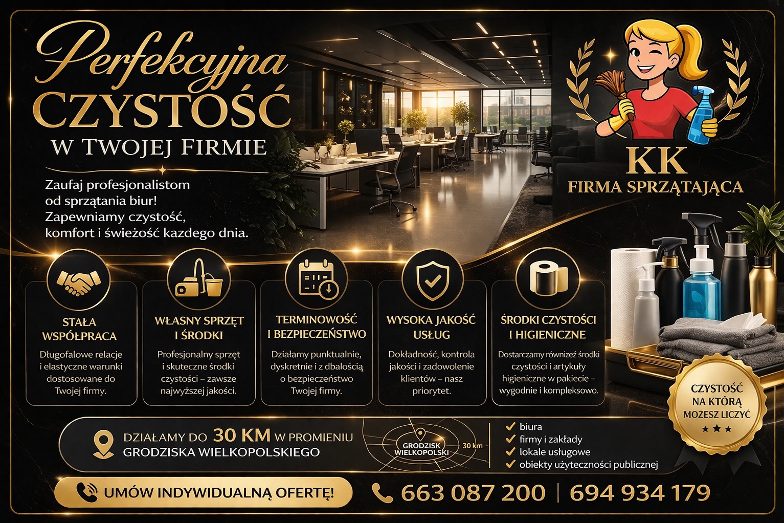 Grafika reklamowa firmy sprzątającej biura: perfekcyjna czystość, stała współpraca, własny sprzęt, terminowość, wysoka jakość usług, środki czystości. Kontakt i lokalizacja.