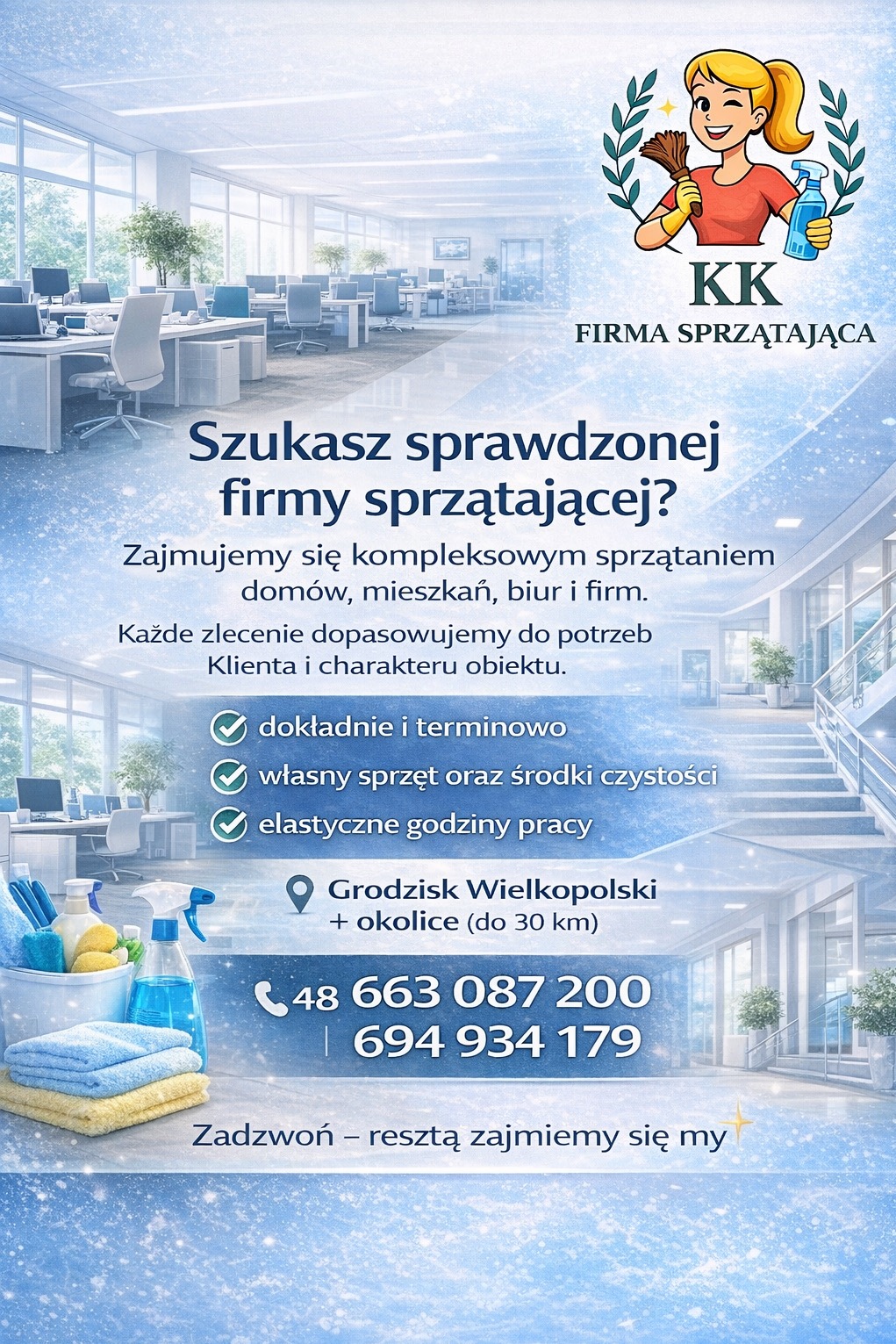 Reklama firmy sprzątającej: biuro, środki czystości, kontakt. Grafika z uśmiechniętą postacią i hasłem 'Szukasz sprawdzonej firmy sprzątającej?'.