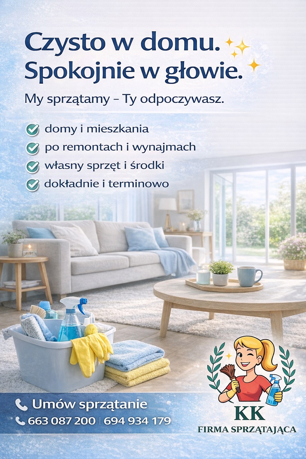 Jasne wnętrze salonu z kanapą i stolikiem kawowym. W tle okno. Na pierwszym planie wiadro ze środkami czystości i ręcznikami. Reklama firmy sprzątającej.
