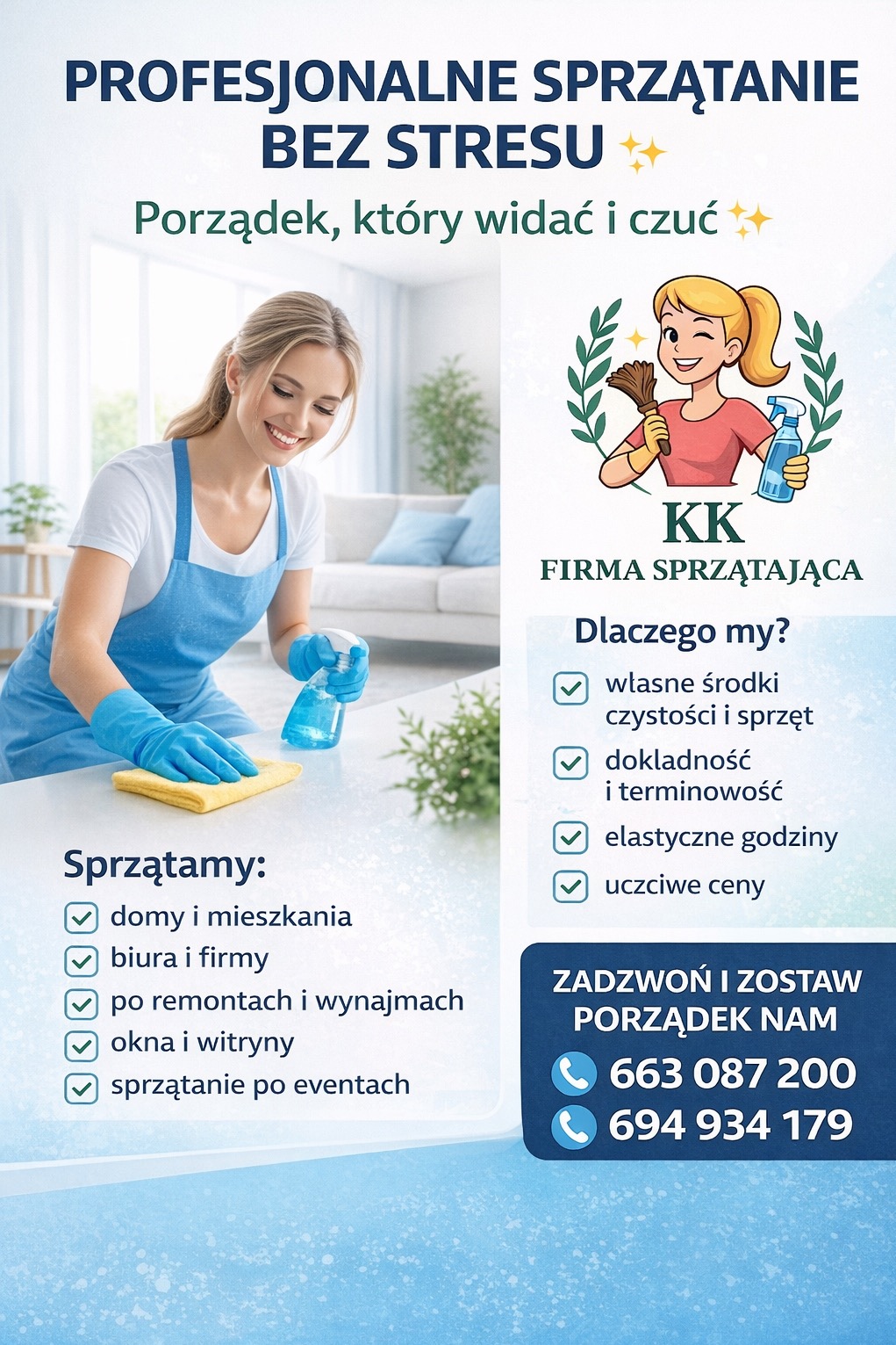 Grafika reklamowa firmy sprzątającej: uśmiechnięta kobieta w rękawicach czyści blat, logo firmy, lista usług i numery telefonów. Profesjonalne sprzątanie bez stresu.